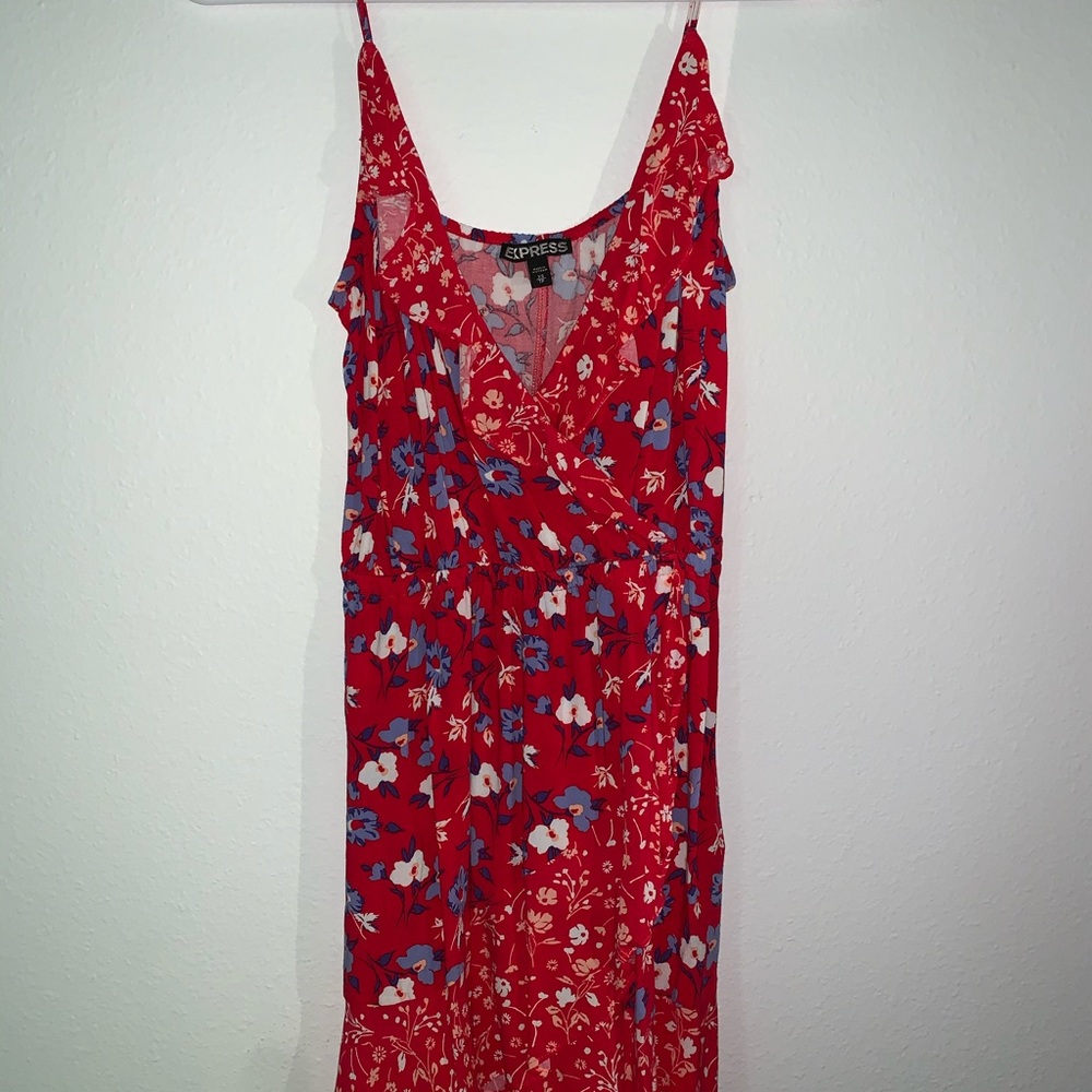 Red floral dress.